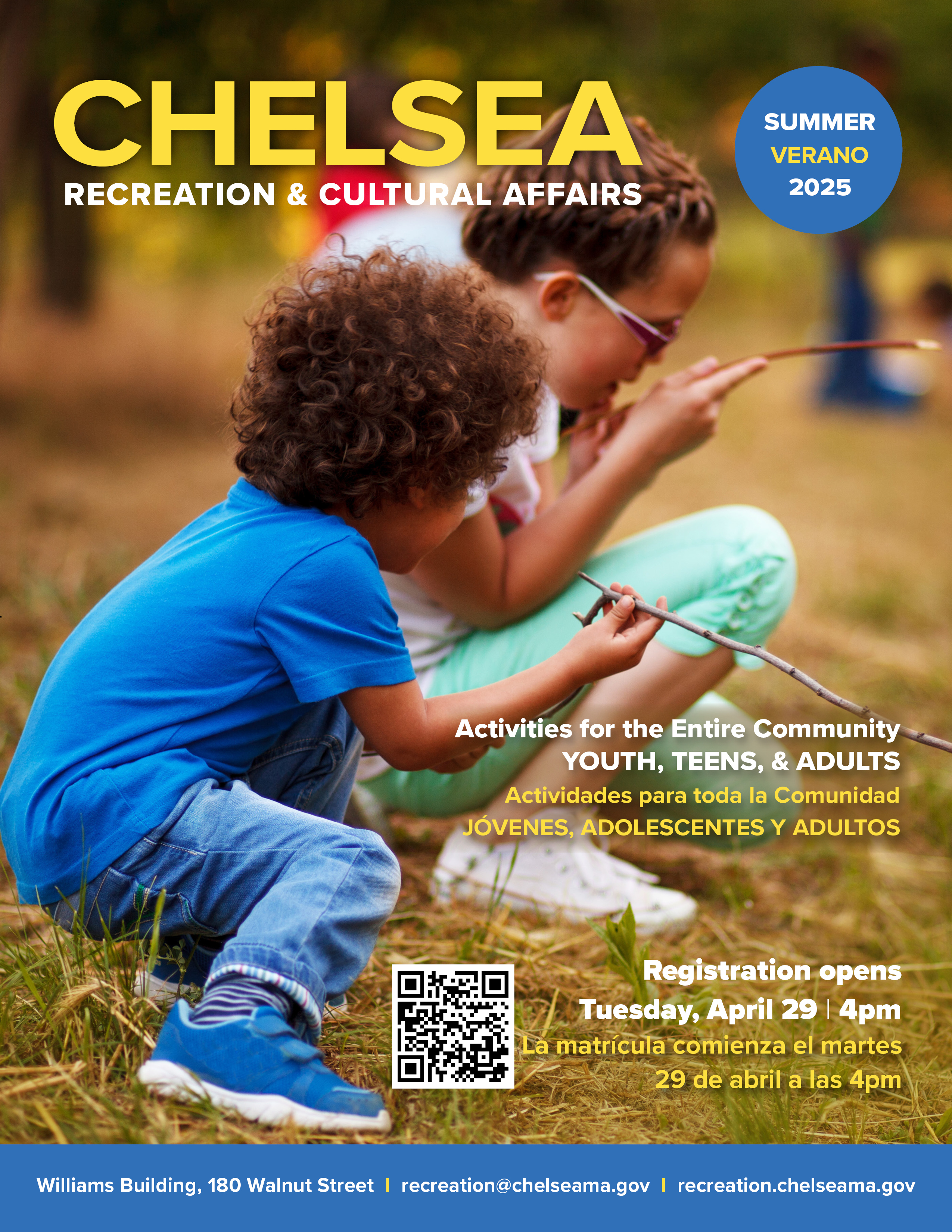Image of the cover of the Chelsea Recreation & Cultural Affairs Spring Program guide, which includes children in a field looking at sticks.